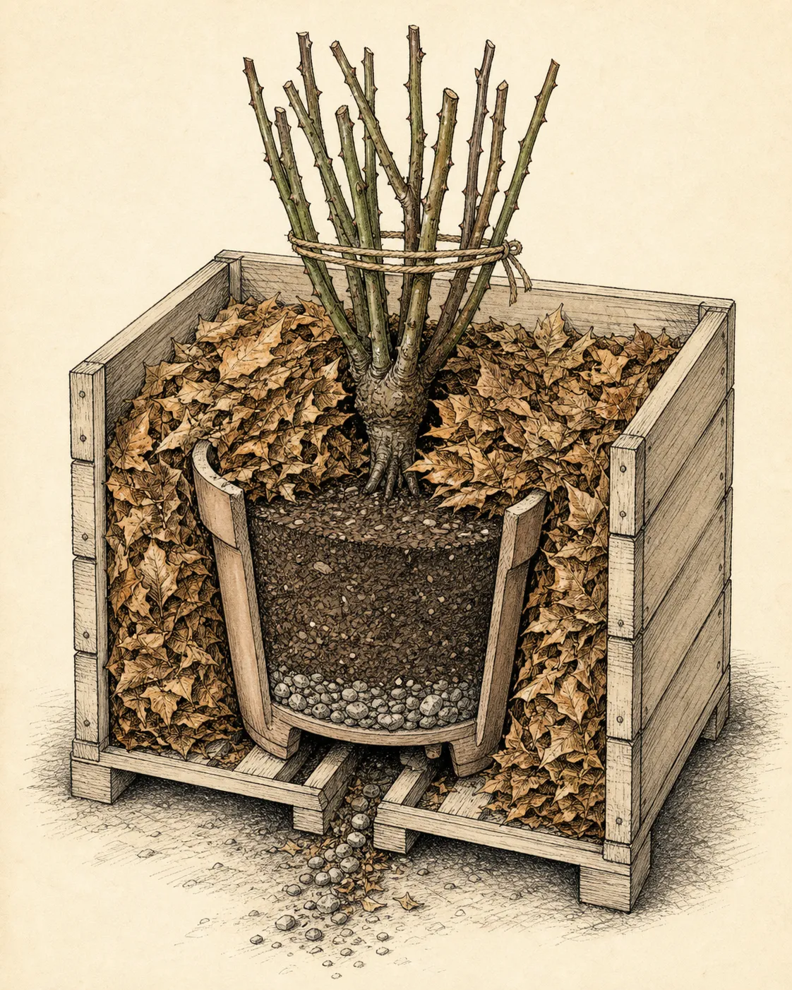 Cutaway of a rose pot centered in an open crate with loose leaf insulation around the walls and an unobstructed drain below