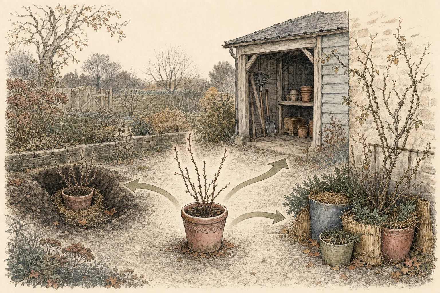 Garden plan routes one dormant potted rose toward a heel-in trench, a cold shed, or a sheltered insulated container group