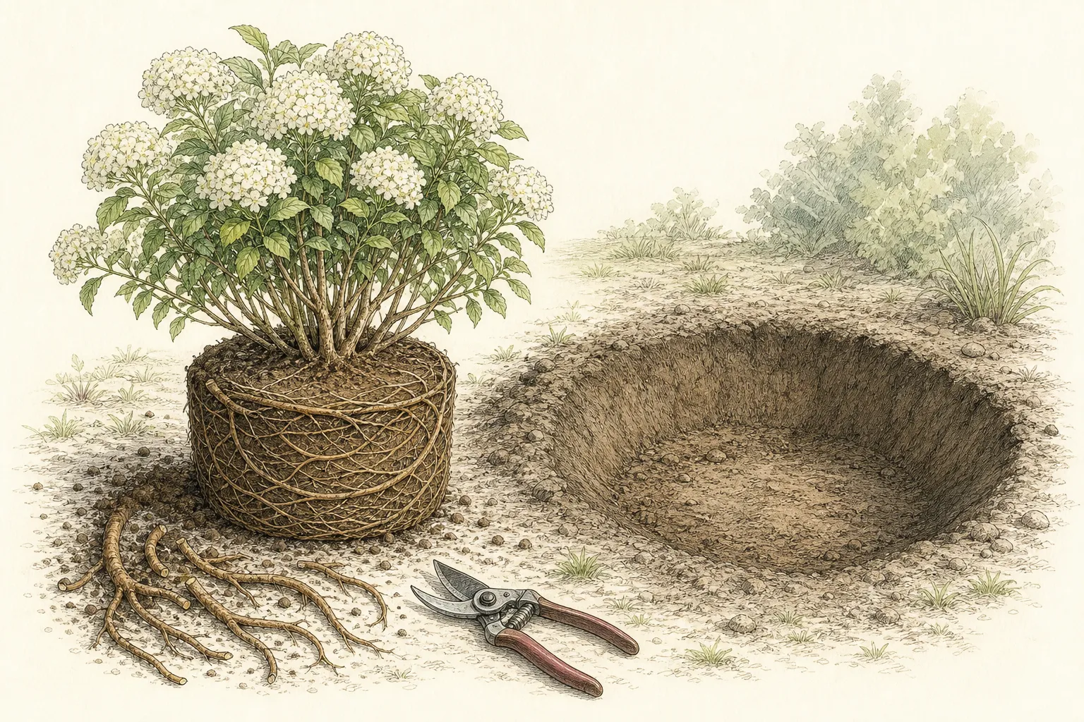 Flowering shrub removed from a nursery pot with excess surface media cleared and circling roots exposed for correction