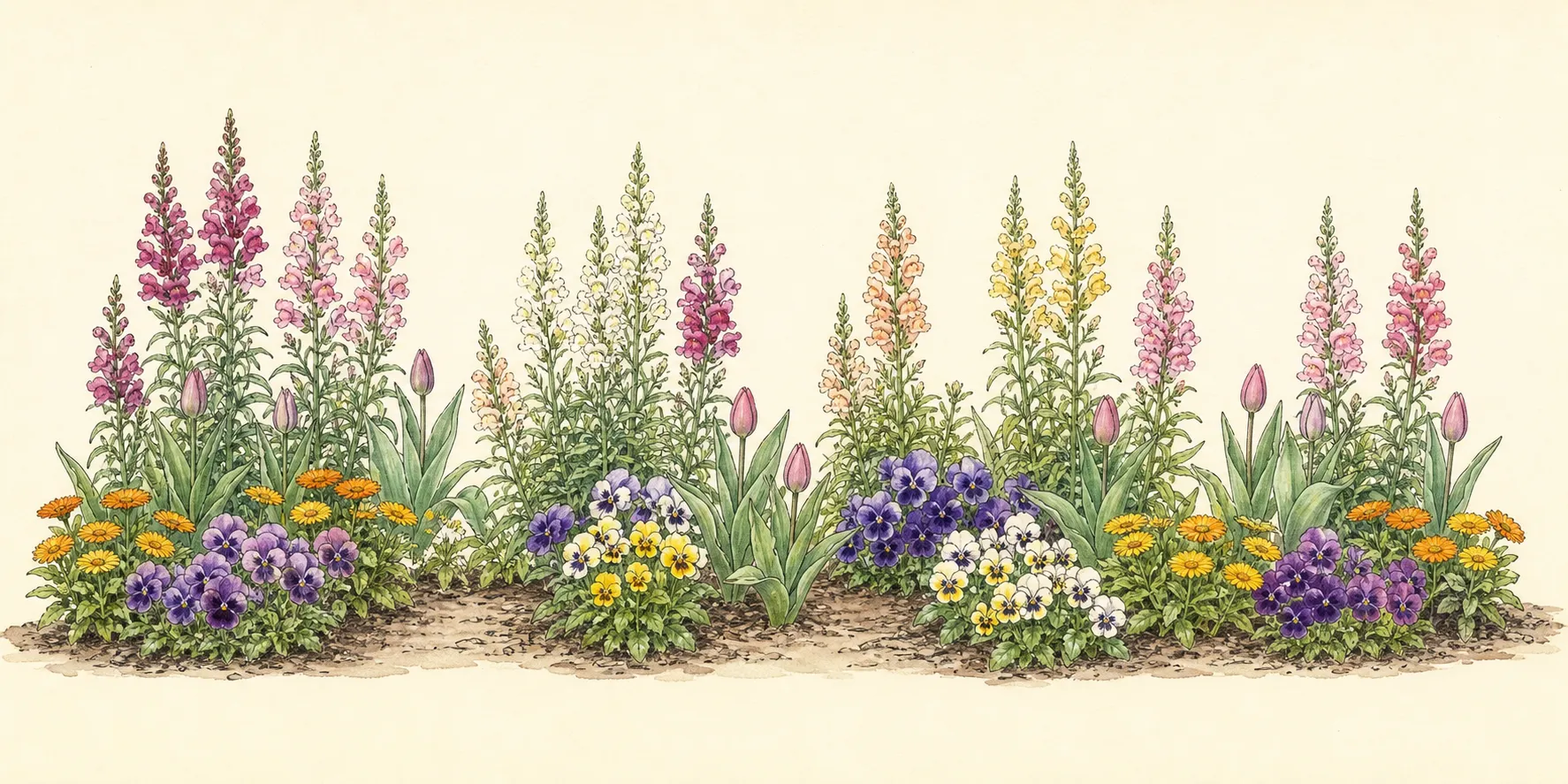 Border elevation showing measured drifts of pansies, violas, snapdragons and stocks between bulbs and emerging perennials