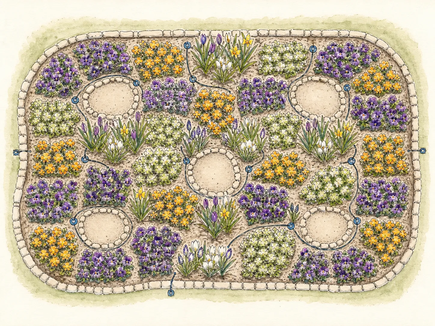 Overhead plan showing repeated cool-season annual groups separated from perennial crowns and bulb clusters