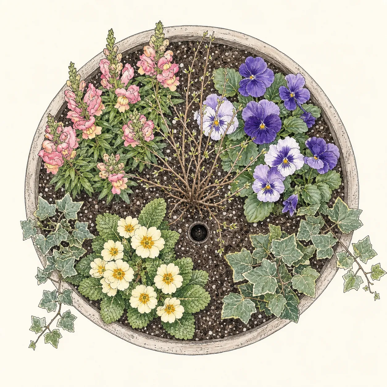 Overhead planting plan for a round spring container with central structure, offset flower groups and two trailing rim points