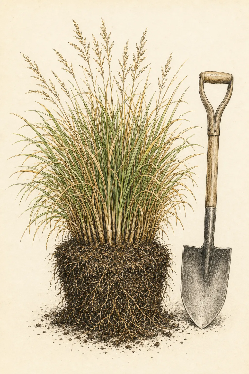 Lifted mature ornamental-grass clump with intact fibrous roots beside a clean sharp spade