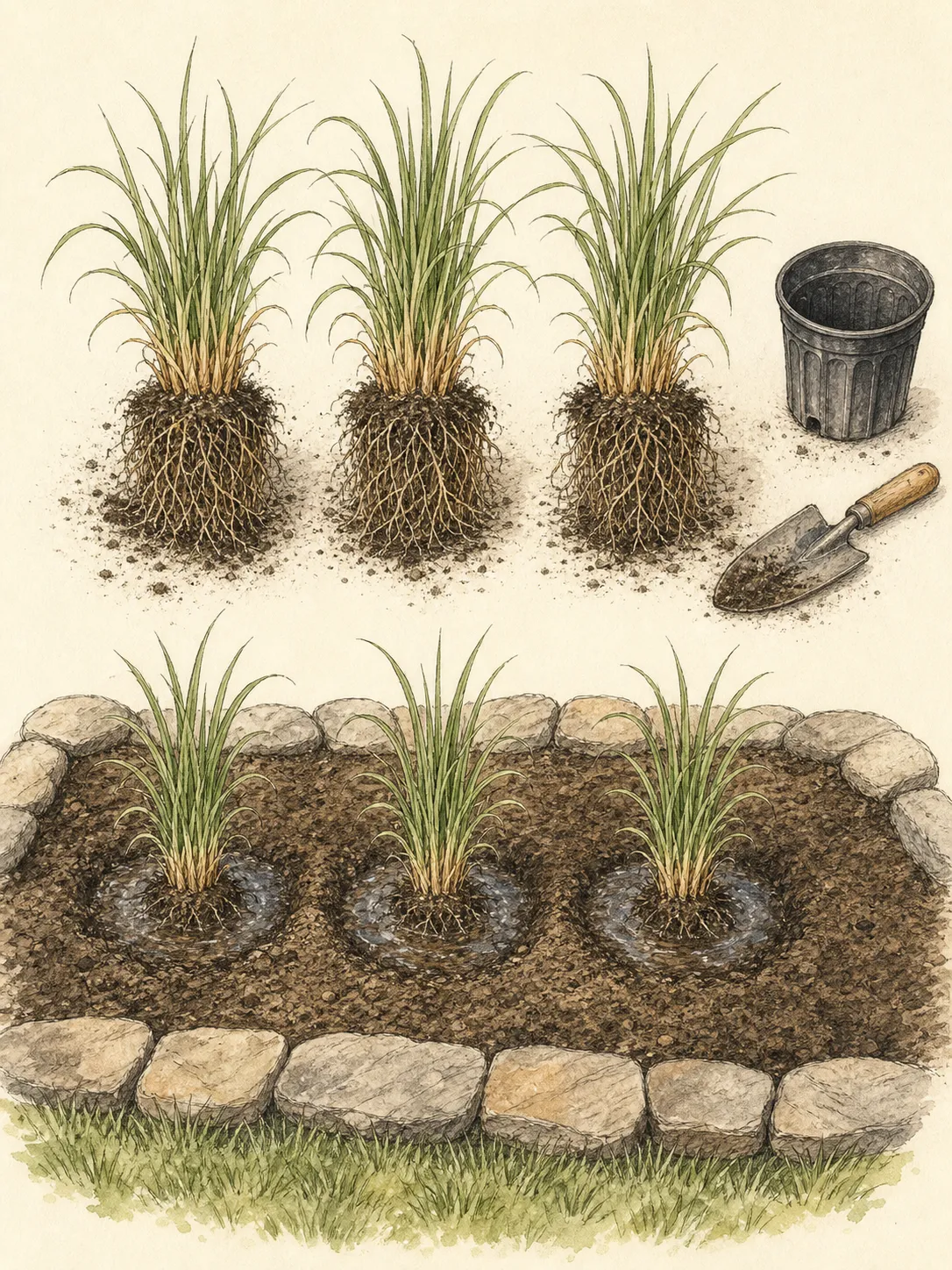 Three rooted ornamental-grass divisions reset at crown level in prepared soil