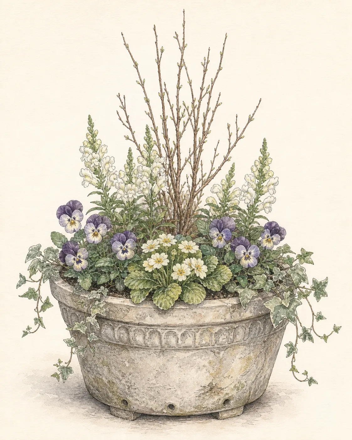 Complete cool-season spring container with a twig accent, snapdragons, pansies, primroses and restrained trailing ivy