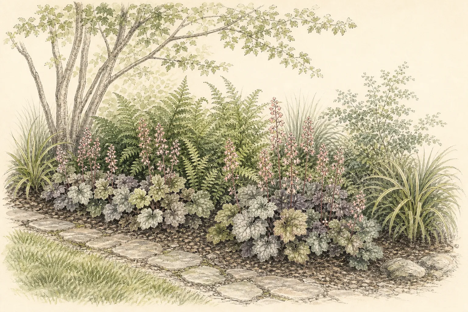 Coral bells repeated between ferns and sedges in a lightly shaded ornamental border