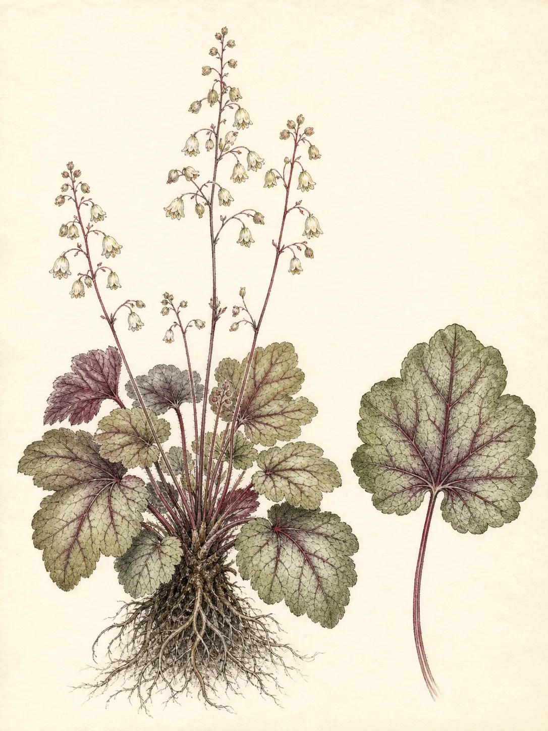Coral bells specimen with a basal rosette of lobed veined leaves, fibrous roots and airy cream flower panicles