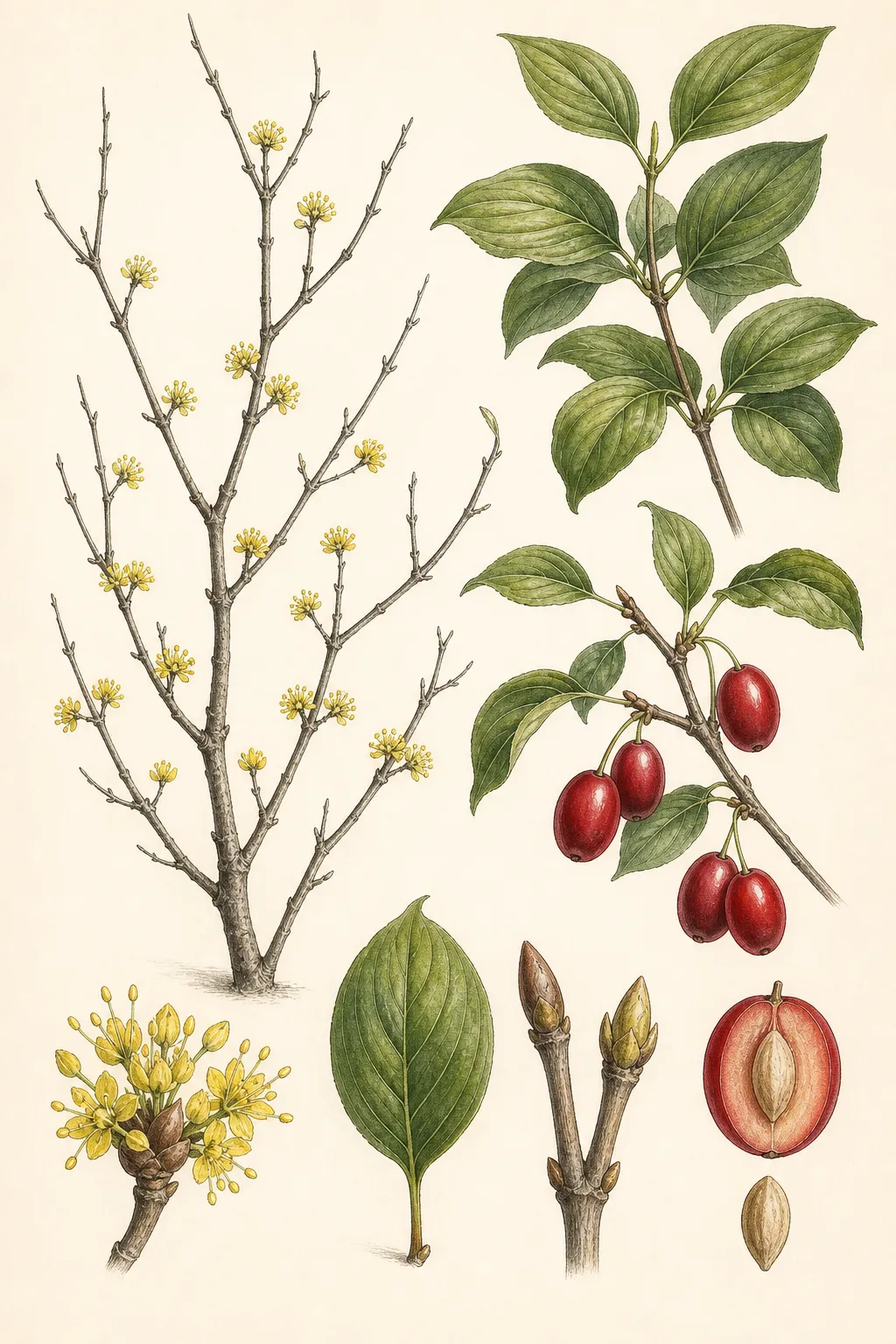 Botanical plate of Cornelian cherry dogwood with yellow late-winter flowers, opposite leaves, buds, and glossy red fruit