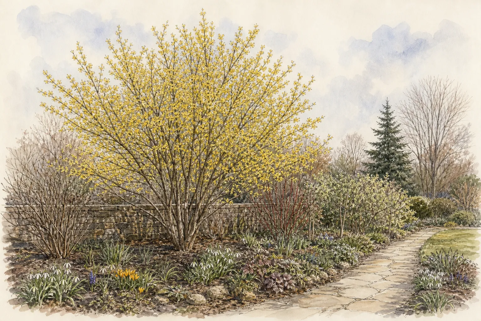 Mature multi-stem Cornelian cherry dogwood flowering yellow at the back of an ornamental border with bulbs and a clear path