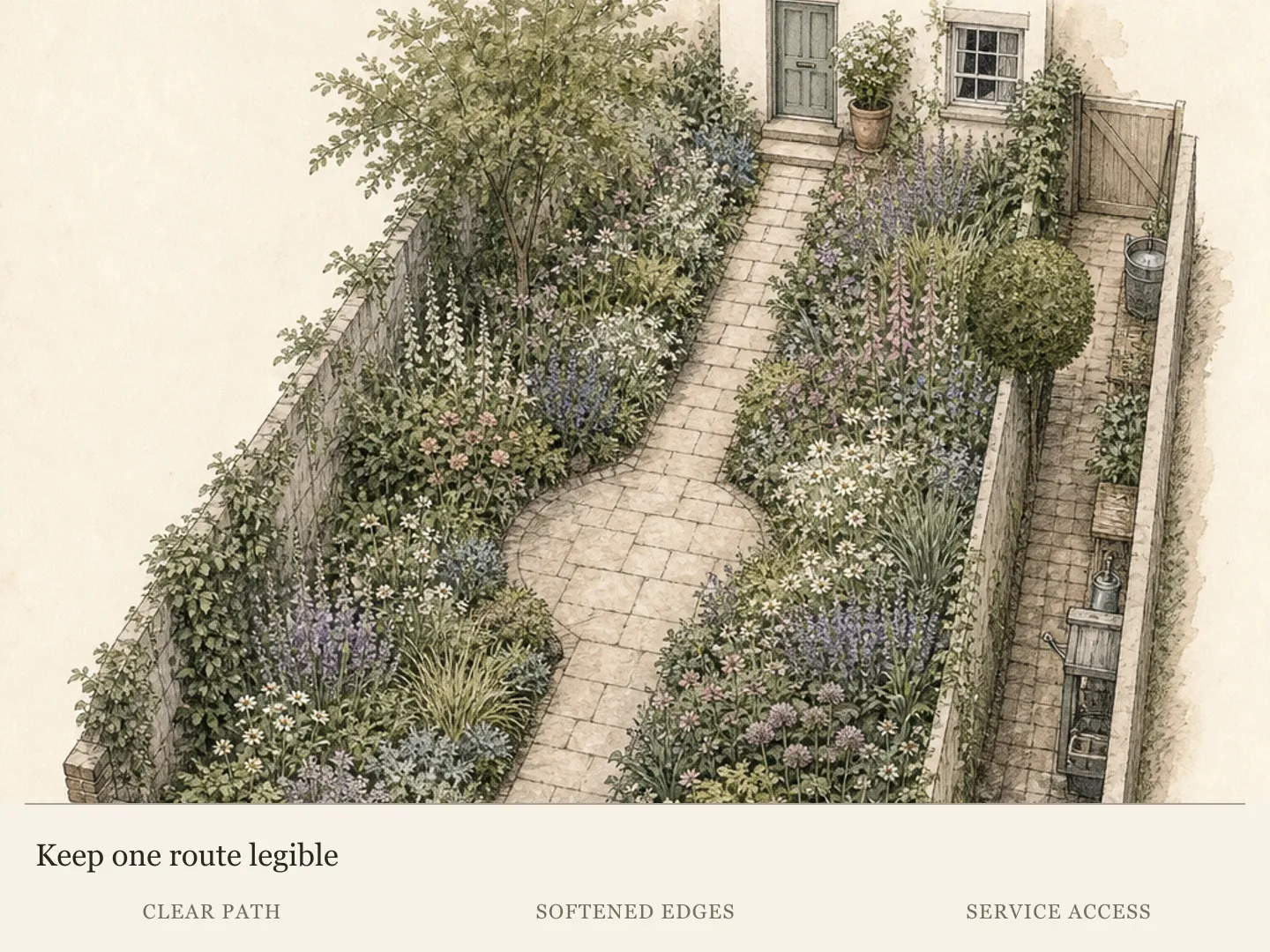 Oblique plan of a compact enclosed cottage garden with a continuous gate-to-door path and separate service access