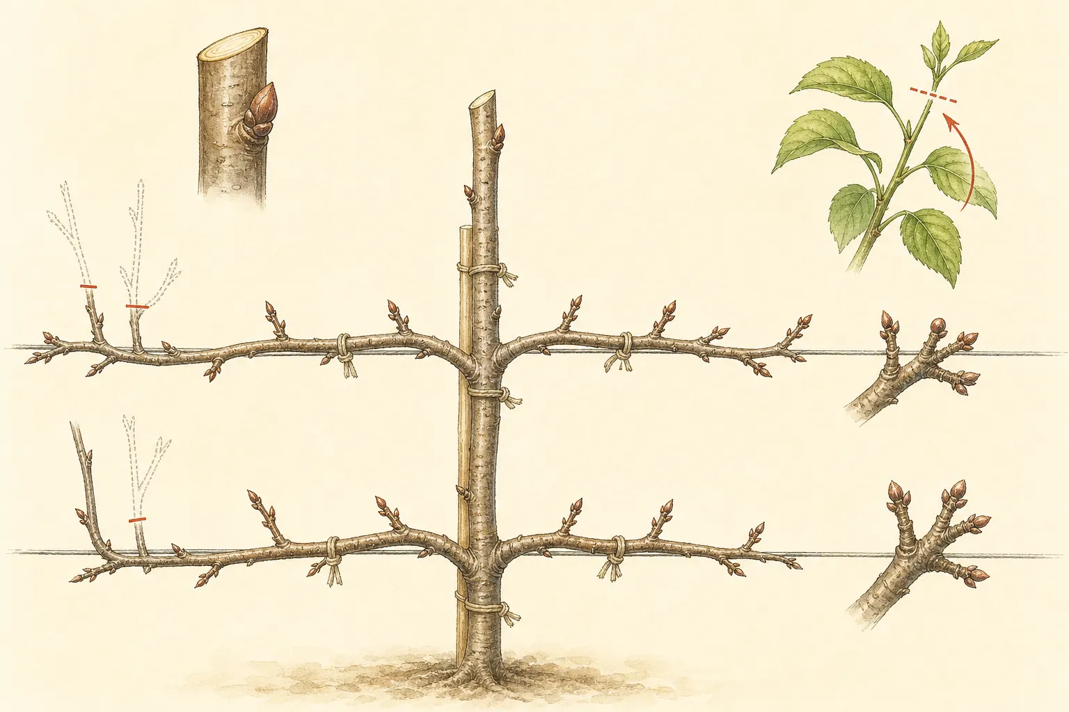 Botanical detail showing outward buds, a branch collar, young flowering spur, heading cut, and gradual lowering tie on crabapple shoots