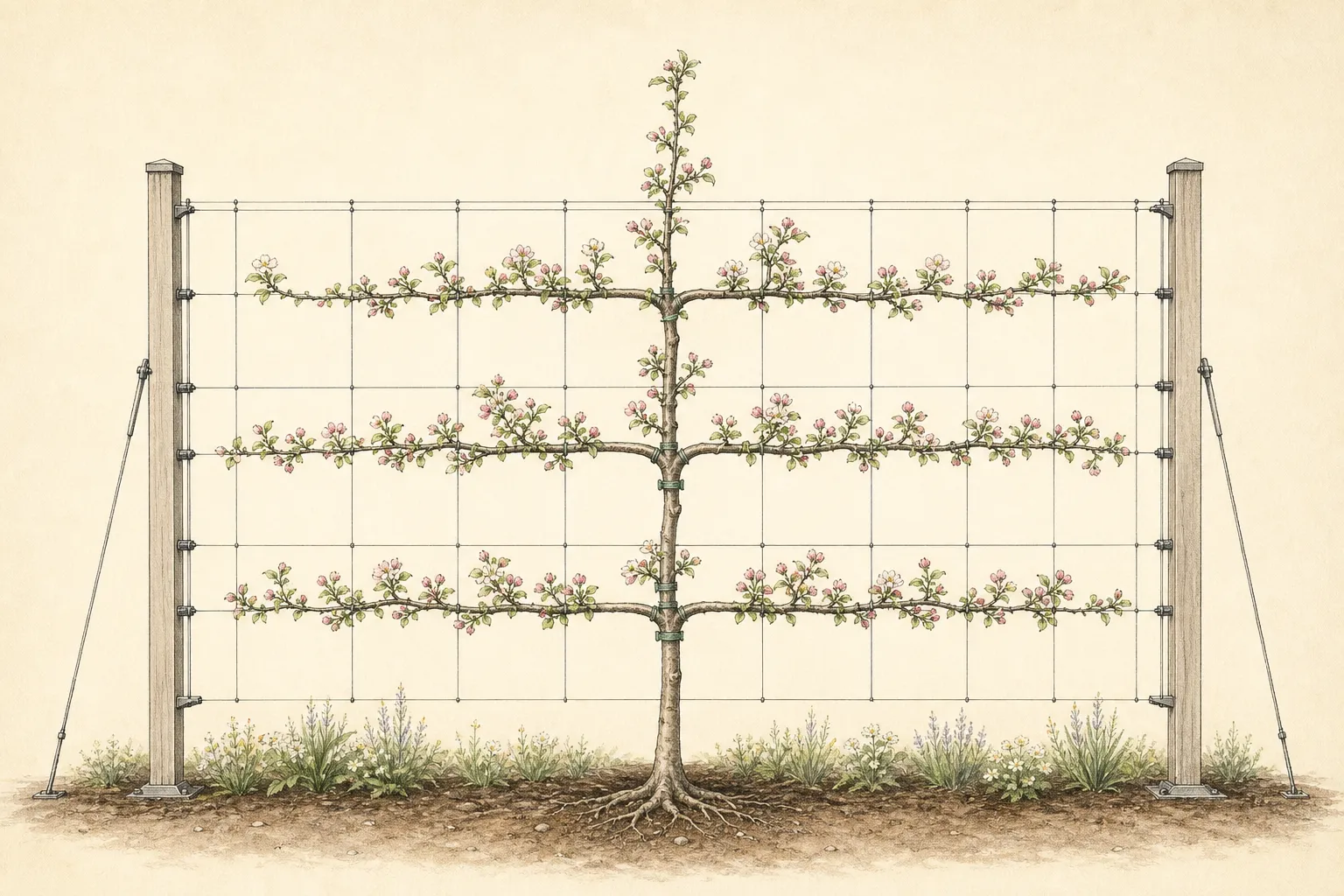 Front elevation of a young flowering crabapple espalier with central leader, paired horizontal tiers, stand-off wires, and mature clearances
