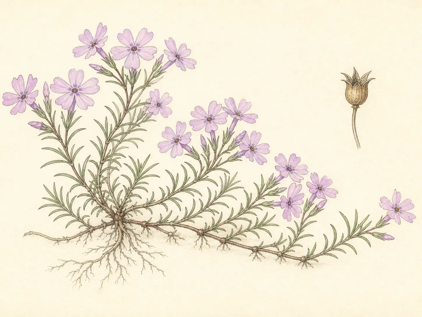 Botanical plate of creeping phlox showing star-shaped flower, narrow awl-like leaves, rooting stem, woody center and low mat habit