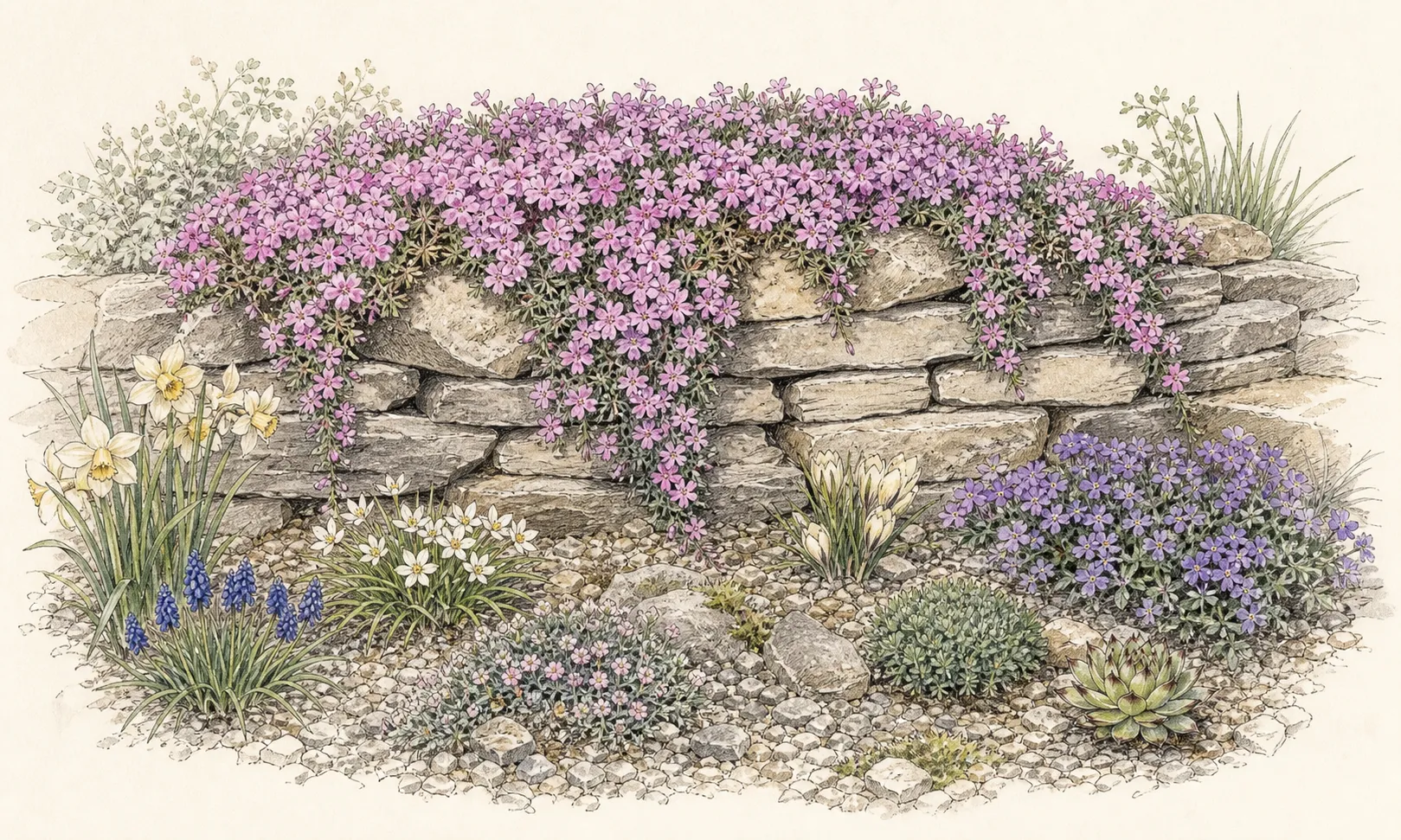 Garden section showing creeping phlox across a sunny stone edge with a draining root zone, clear path margin and restrained overhang