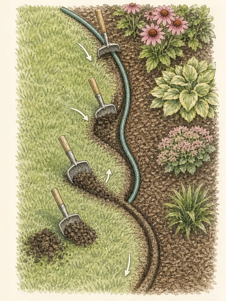 Maintenance sequence showing grass crossing a bed edge, a half-moon edger recutting the line, and soil and mulch pulled back to restore the profile