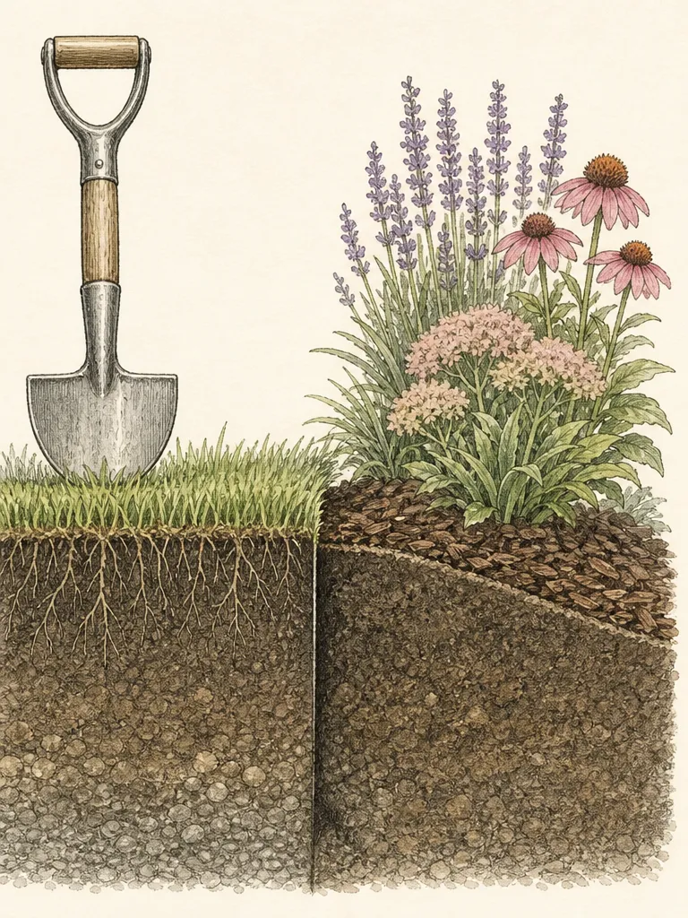 Cross-section of a hand-cut bed edge with an upright lawn face, sloping flower-bed shoulder and mulch held below the turf crown