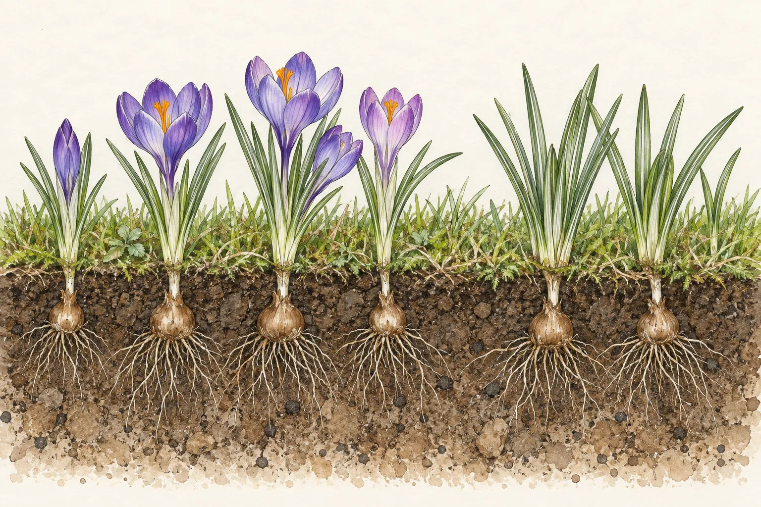 Soil section with planted crocus corms below turf, spring flowers and later standing leaves