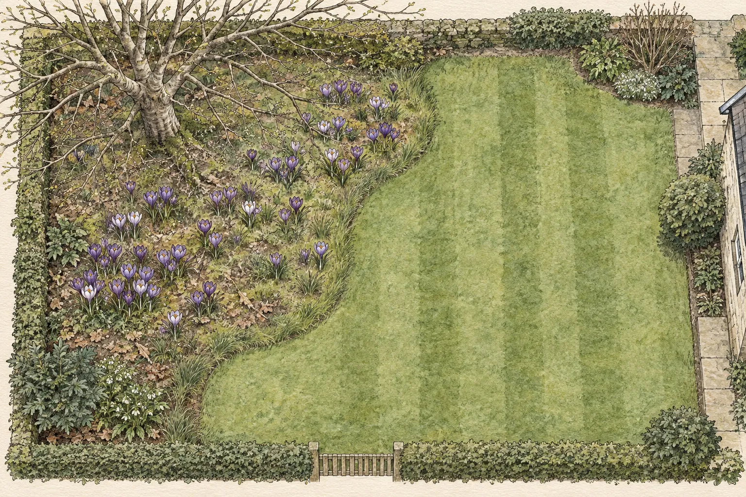 Overhead garden view with a spring crocus drift at one lawn edge and a clear central mowing area