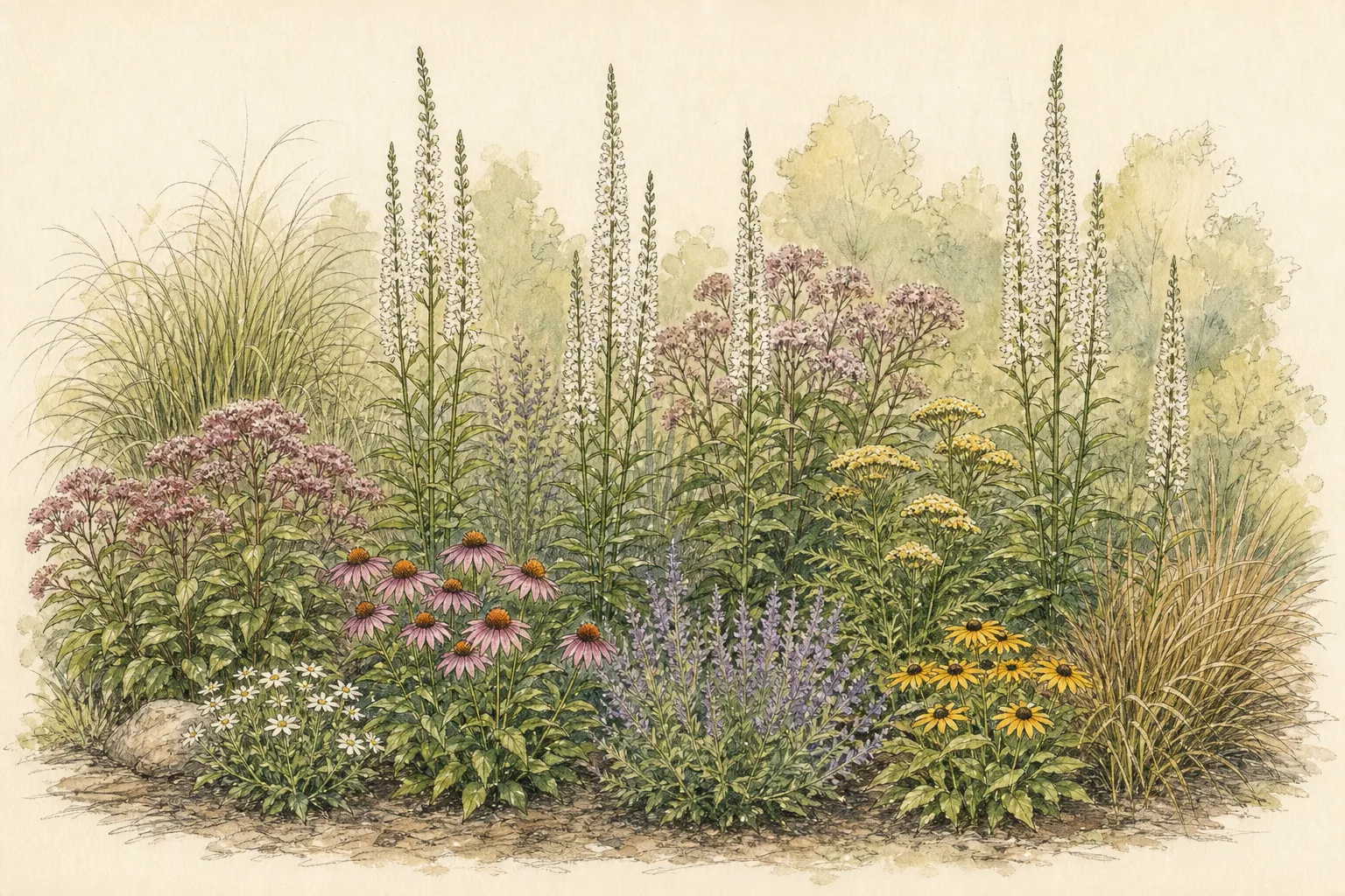 Garden placement study showing mature Culver’s Root in an ornamental planting