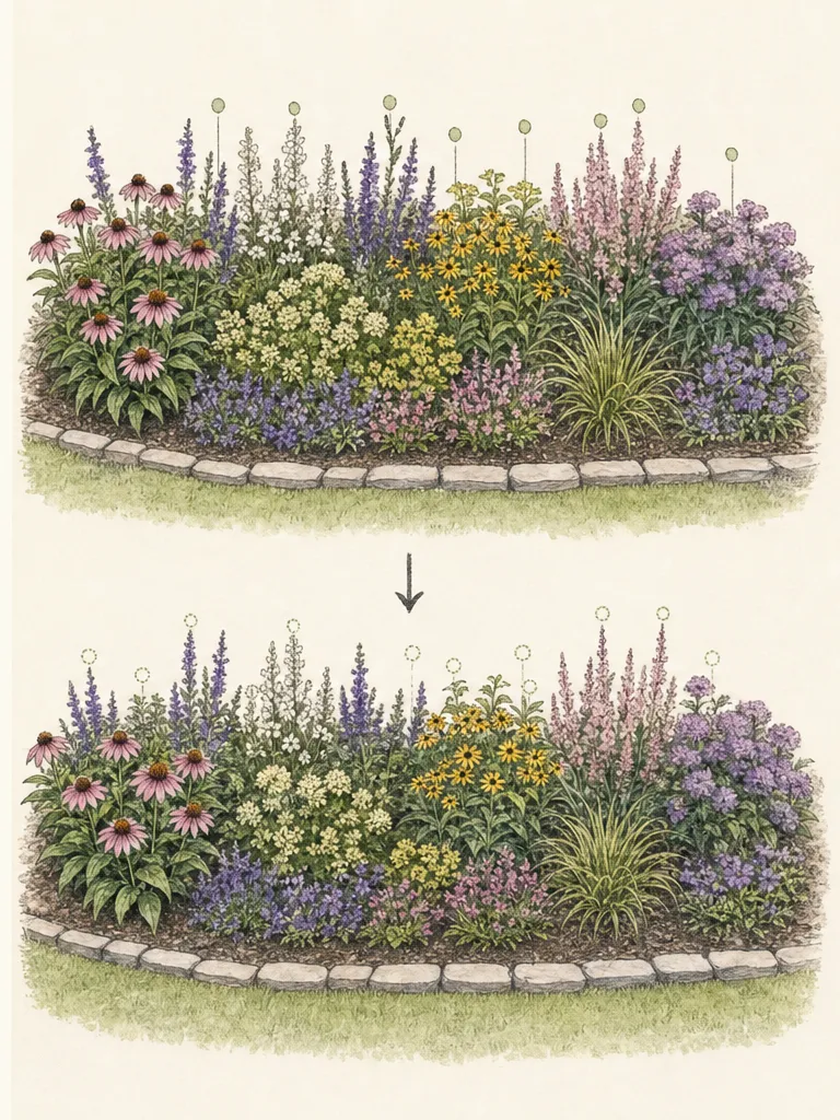 Botanical comparison of a suitable interior stem cut above a leafy junction and unsuitable cuts that strip the plant outline or leave bare stubs