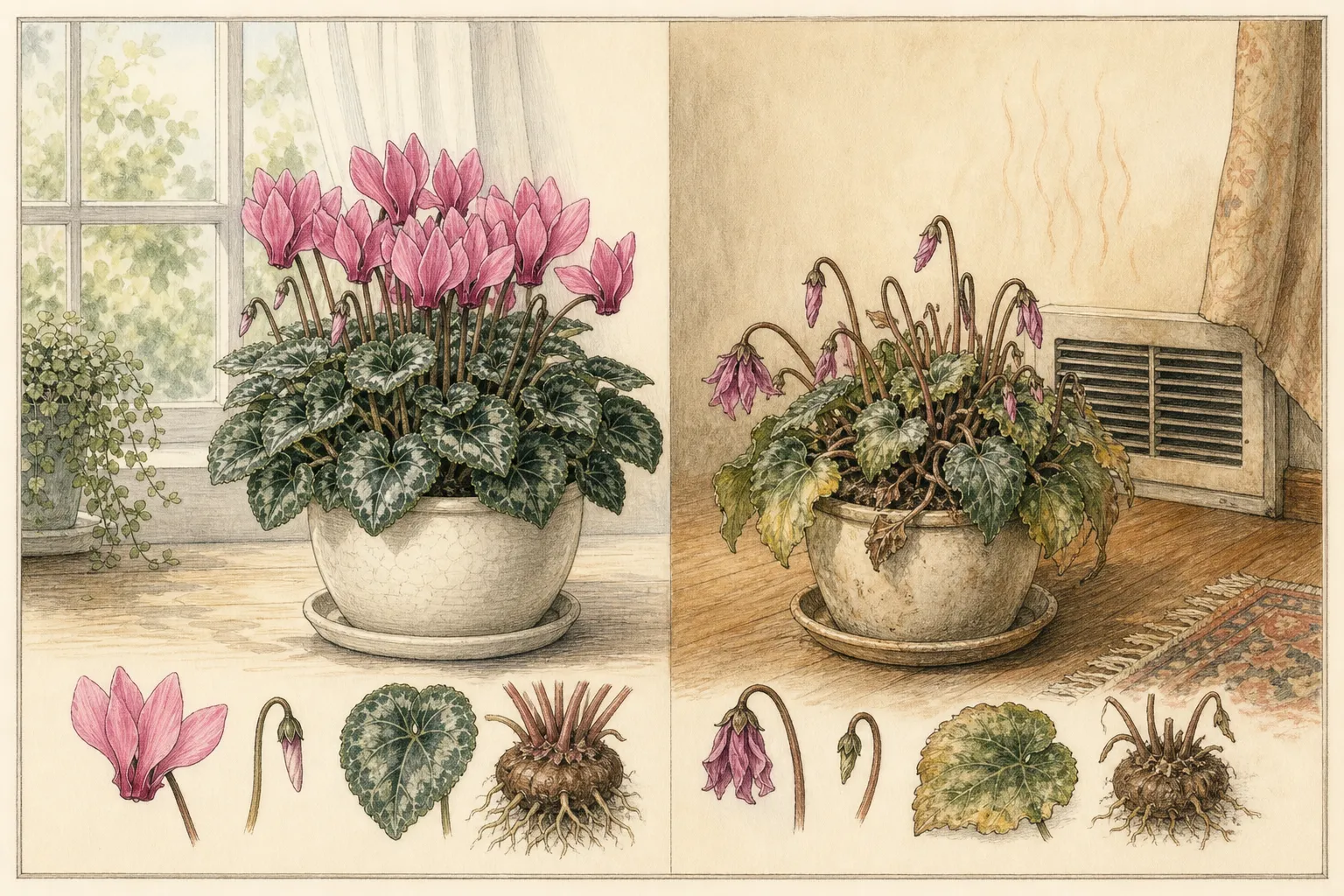 Comparison plate showing a florist cyclamen thriving at a bright cool window and struggling in a warm room beside a heat vent