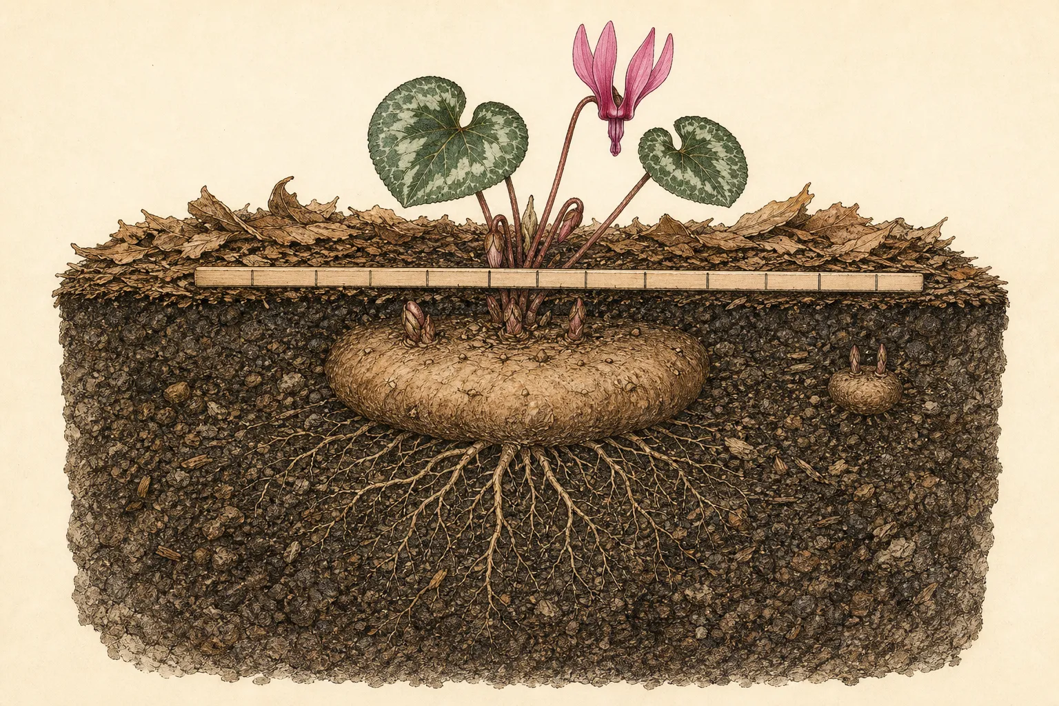 Close botanical soil cutaway of a rooted Cyclamen coum tuber set shallowly with the growing surface upward beneath a thin layer of soil