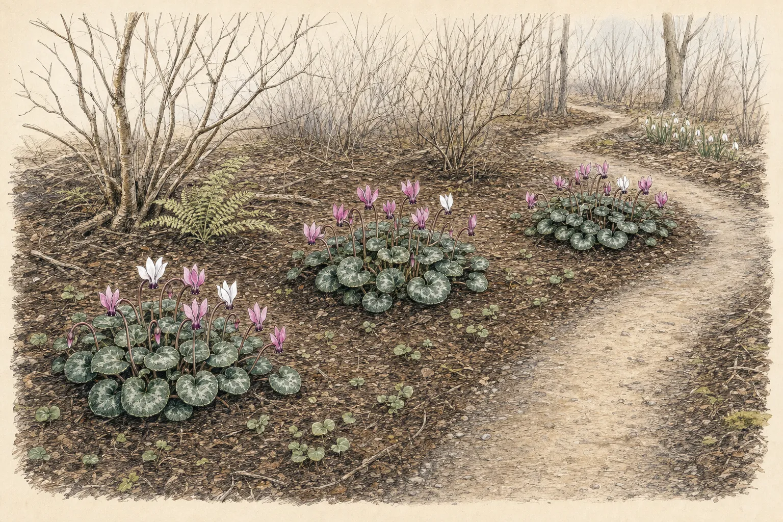 Winter woodland edge beside a path with repeated low drifts of pink Cyclamen coum beneath open deciduous shrubs and clear leaf-litter gaps