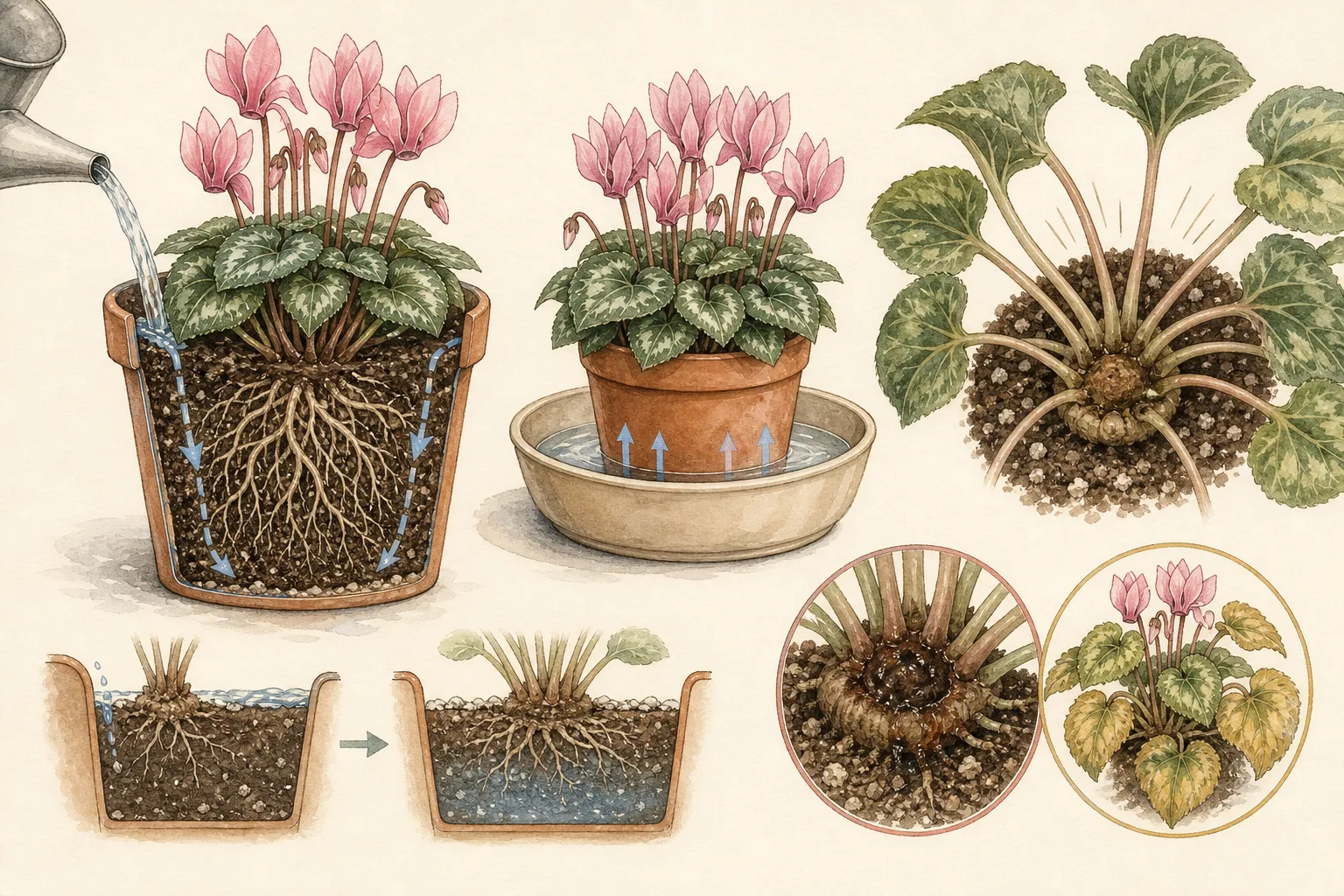 Diagnostic plate comparing edge watering, bottom watering, a dry crown, and common cyclamen stress cues such as bud blast, yellow leaves, and crown rot