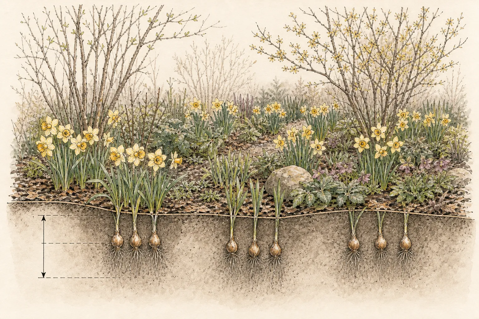 Garden and soil section showing daffodil bulbs planted in irregular groups between shrubs and emerging perennials