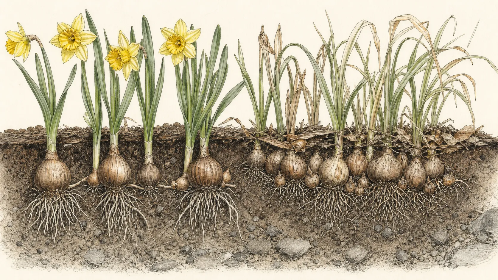 Soil section comparing productive spaced daffodil bulbs with a crowded shallow group