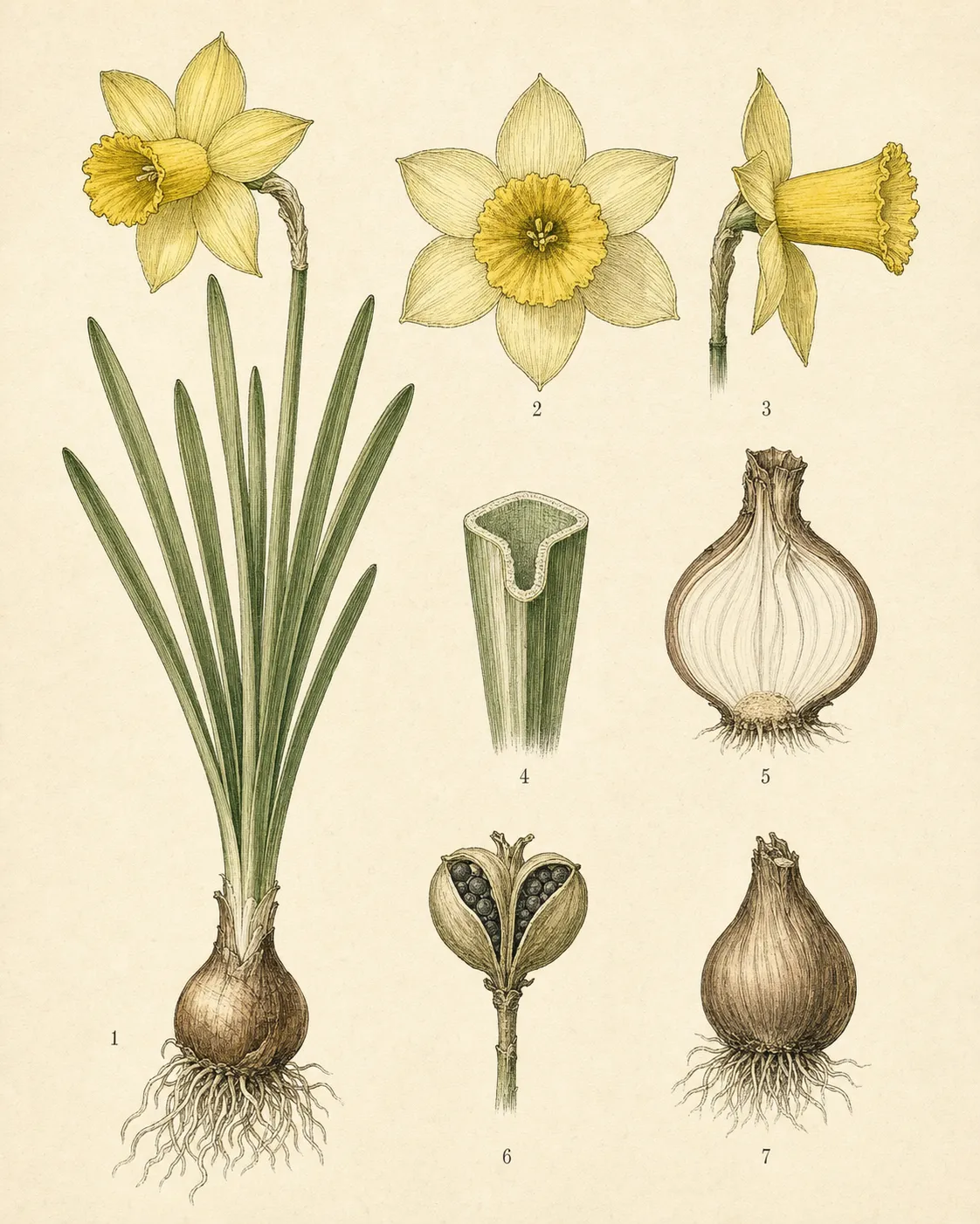 Botanical plate of common daffodil showing whole plant, trumpet flower views, leaf section, bulb cutaway and seed capsule