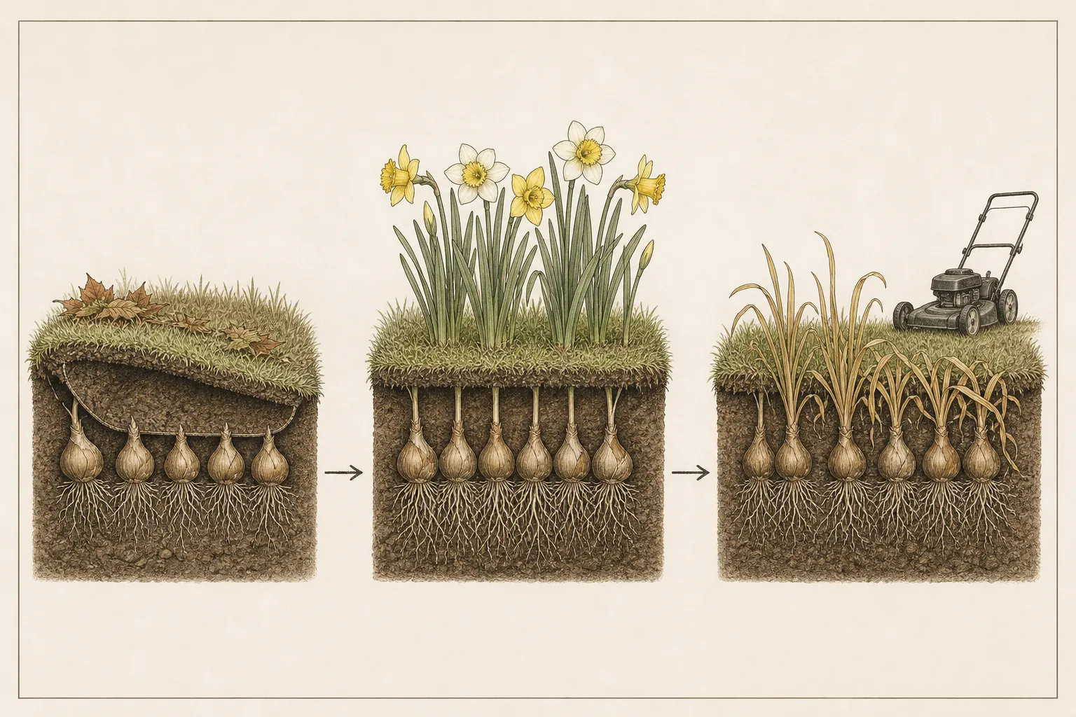 Three-stage soil cutaway showing autumn daffodil bulbs, spring flowers, and yellowing leaves beside a waiting mower