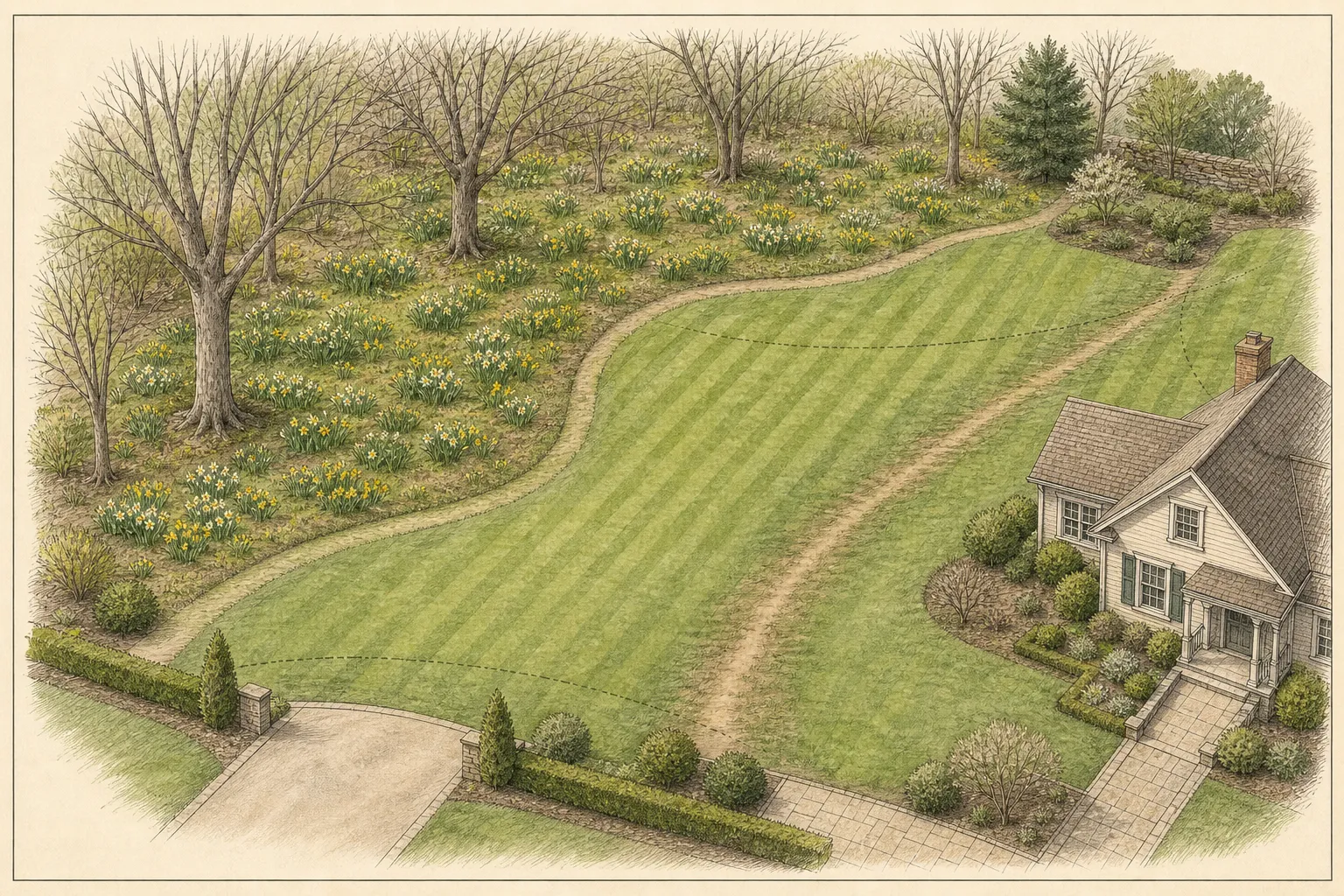 Overhead garden plan with daffodil drifts in a low-mow woodland edge beside an open striped lawn and mown path