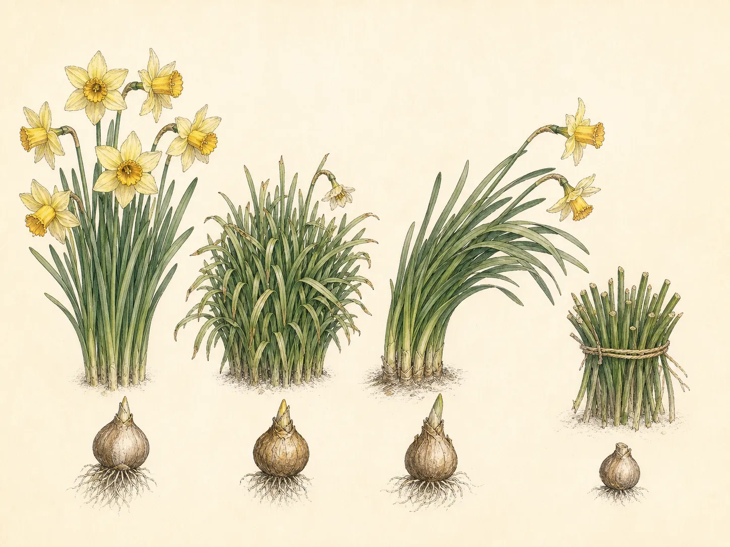 Botanical comparison of flowering, crowded, shaded and prematurely cut daffodil clumps