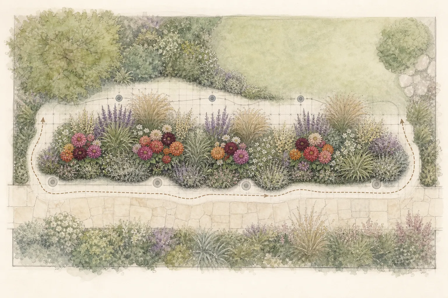 Dahlia border plan with repeated groups, permanent perennials, concealed support footprints, irrigation, path, and lifting route