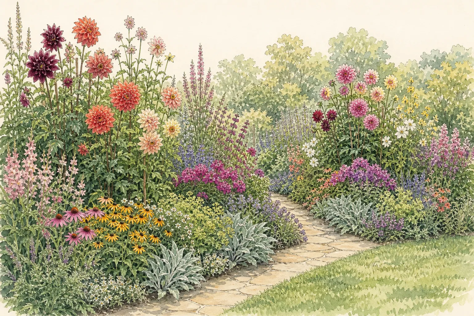 Summer dahlia border with tall flowers rising through hidden supports and lower permanent matrix plants beside a clear path