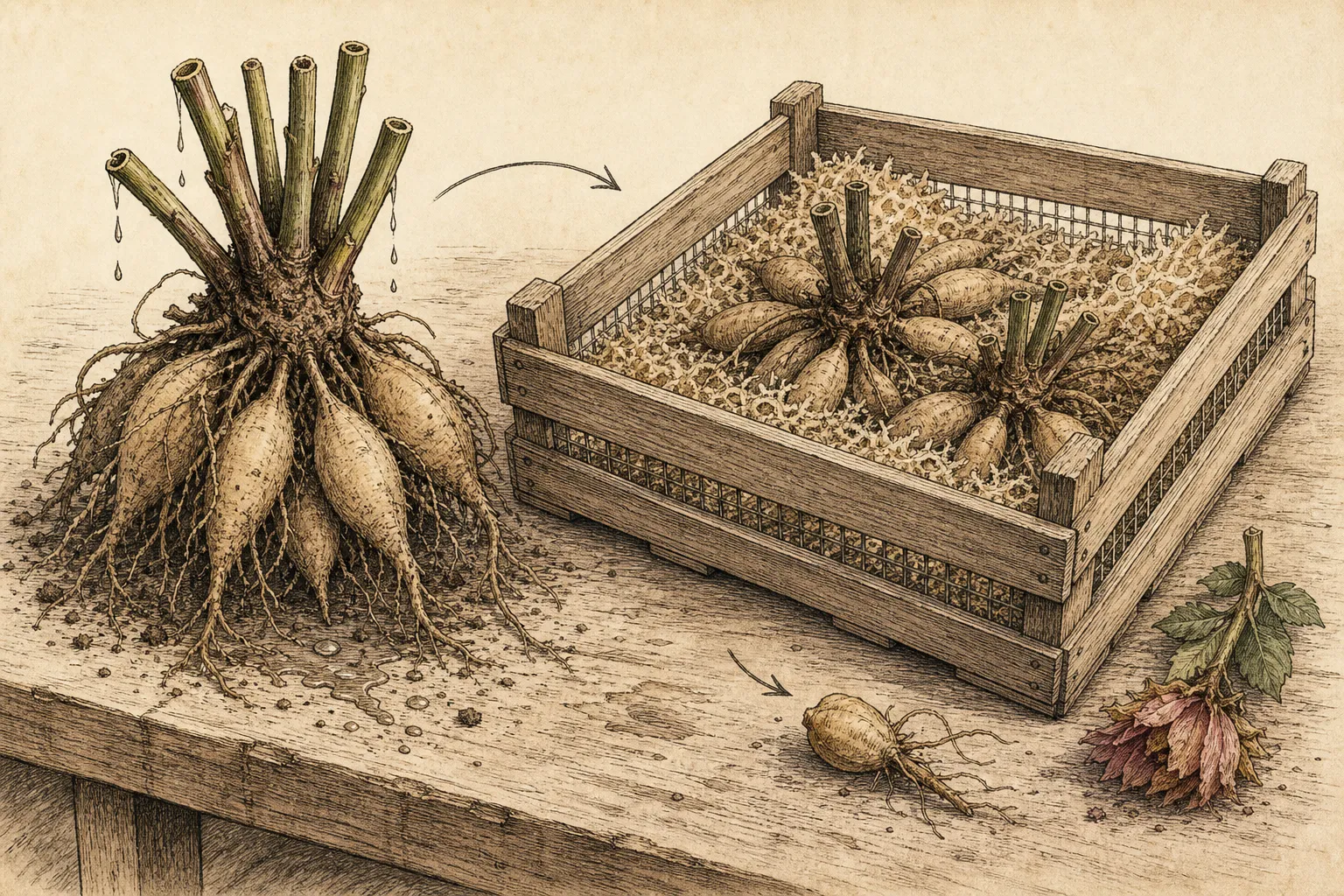 Dahlia clump drains crown-down before moving into a ventilated crate while one damaged soft tuber remains isolated