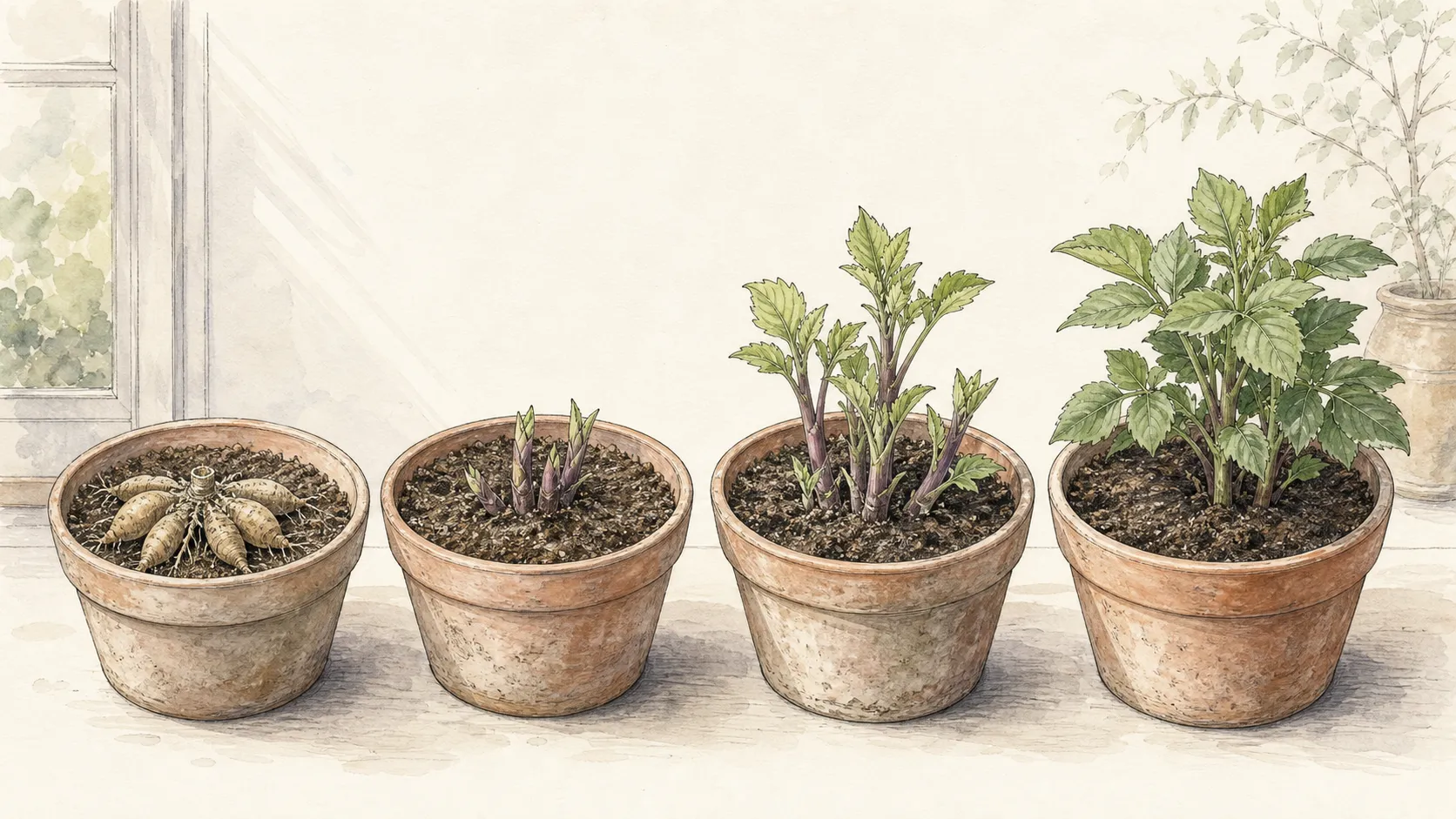 Four-stage sequence from shallow potted dahlia tuber through emergence and stocky frost-free young plant