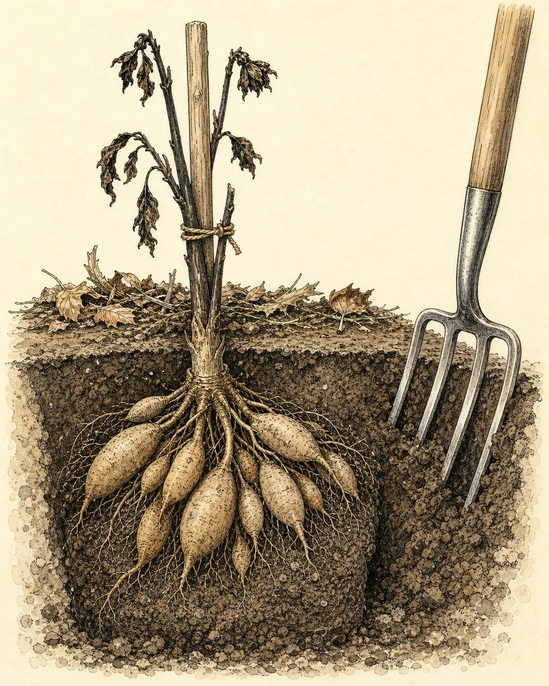 Cutaway of a frost-blackened dahlia showing its crown, intact tuber necks, and a fork inserted outside the clump