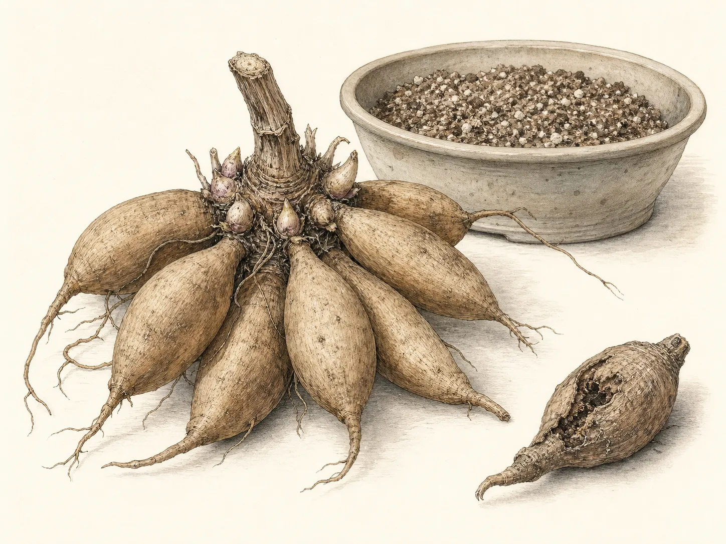 Dahlia tuber clump showing crown, visible eyes, intact necks, firm storage tubers and one rejected damaged tuber