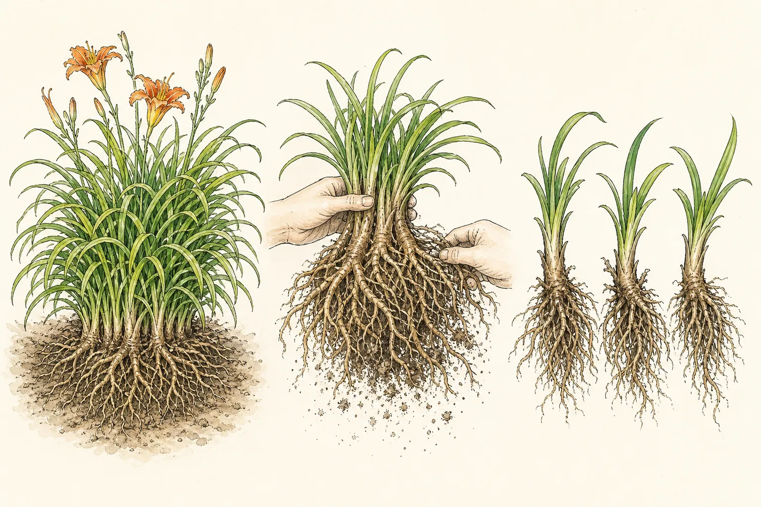 A daylily clump is lifted, washed lightly enough to reveal crowns, and separated into several rooted fans
