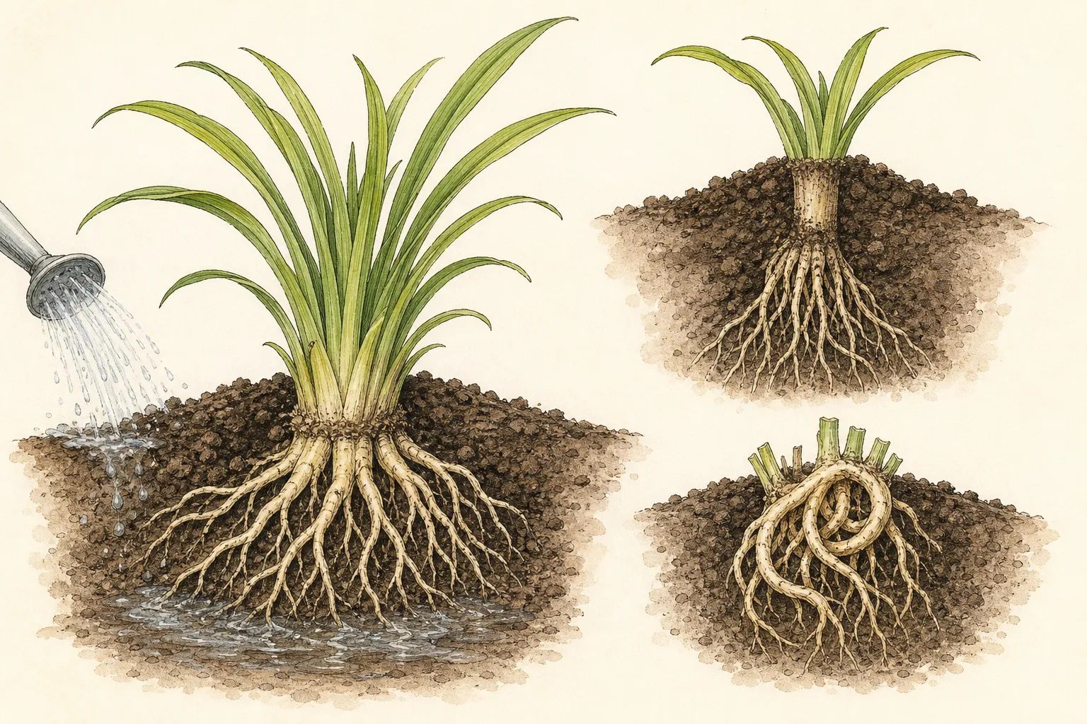 A soil section shows daylily roots spread over a mound with the crown set at grade beside examples planted too deep and too high