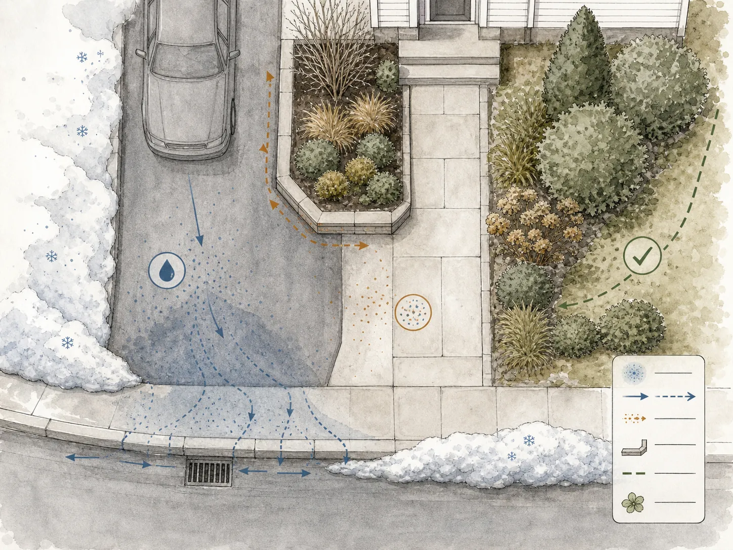 Overhead winter site plan mapping road spray, snow piles, meltwater runoff, drain position and protected ornamental beds