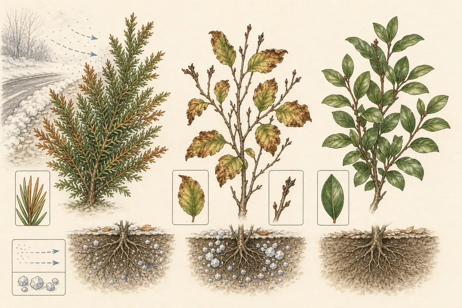 Diagnostic botanical plate comparing roadside evergreen browning, deciduous leaf and twig scorch, root-zone salt exposure, and an unaffected control