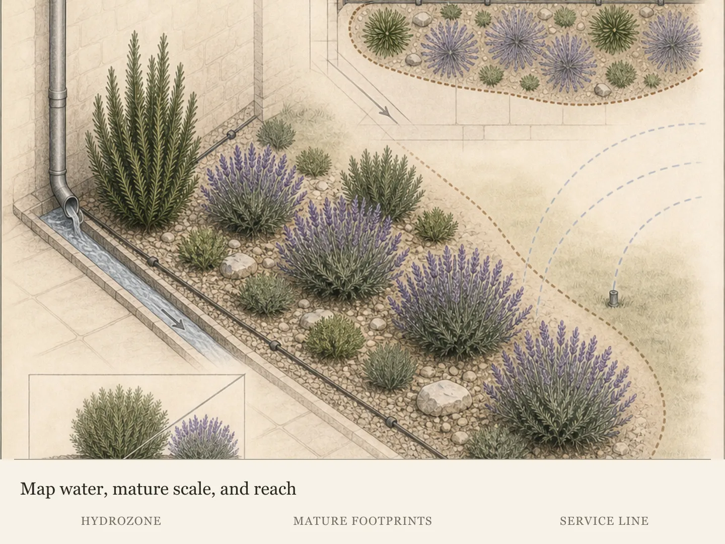 Dry herb border plan mapping sun and runoff, mature lavender and rosemary footprints, and a clear service route