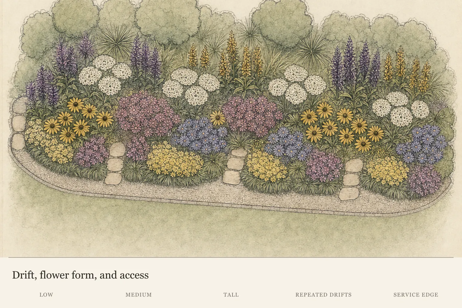 Overhead pollinator border plan with repeated drifts, varied flower-form symbols, mature footprints, layers, and stepping access