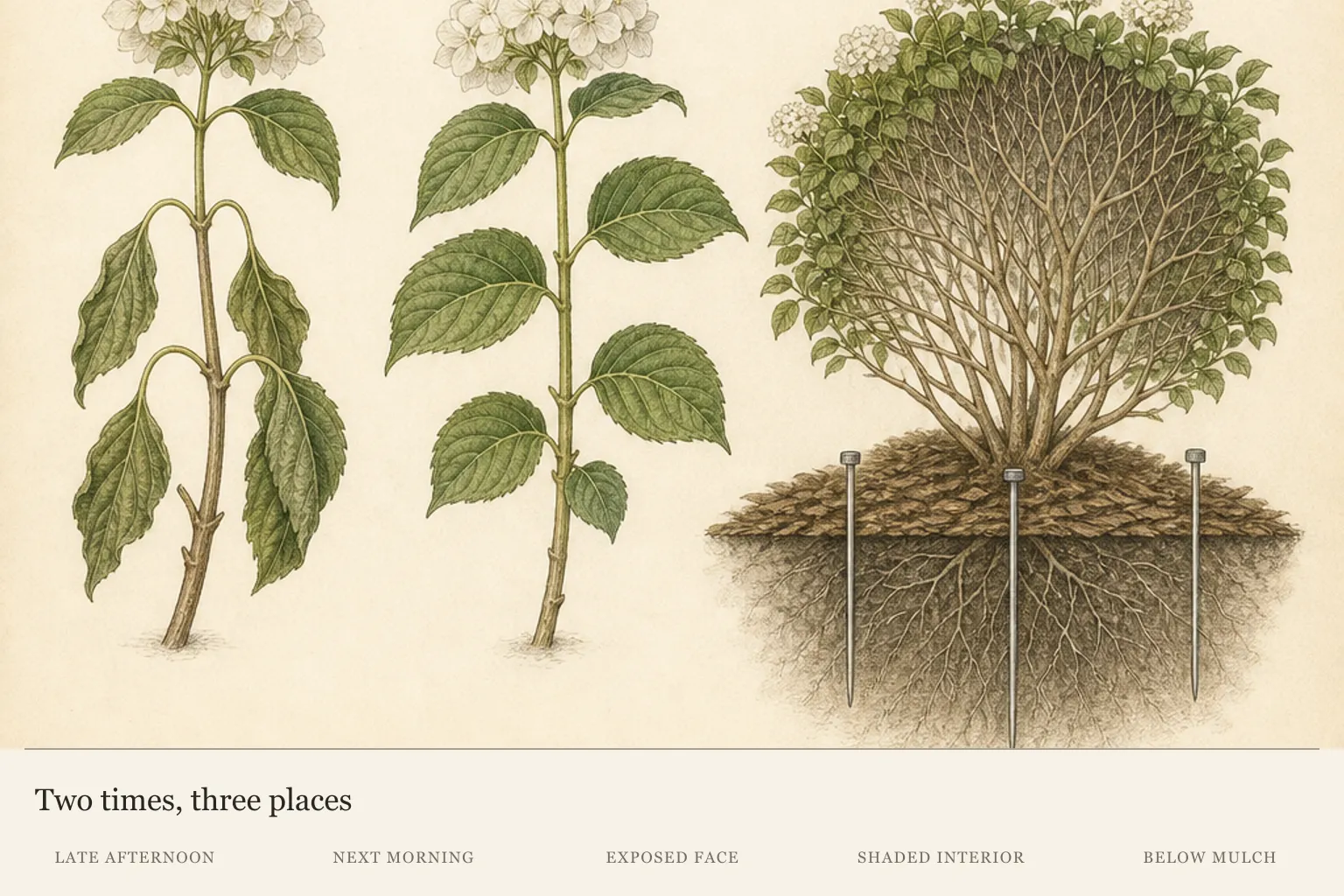 Hydrangea field-check diagram comparing one marked shoot at two times and root-zone checks in three canopy positions