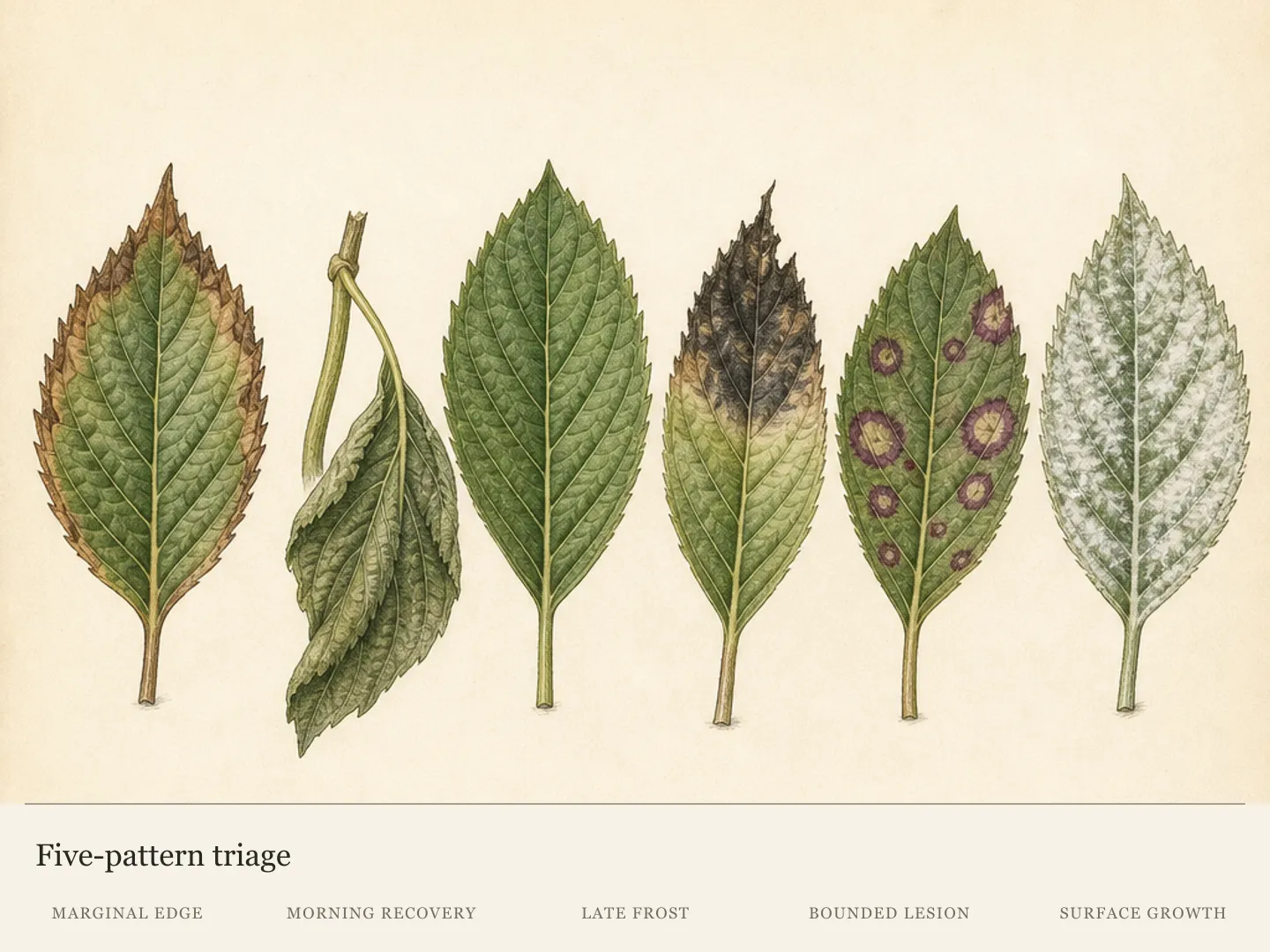 Five hydrangea leaf studies distinguishing marginal scorch, reversible wilt, frost injury, bounded lesions, and powdery surface growth