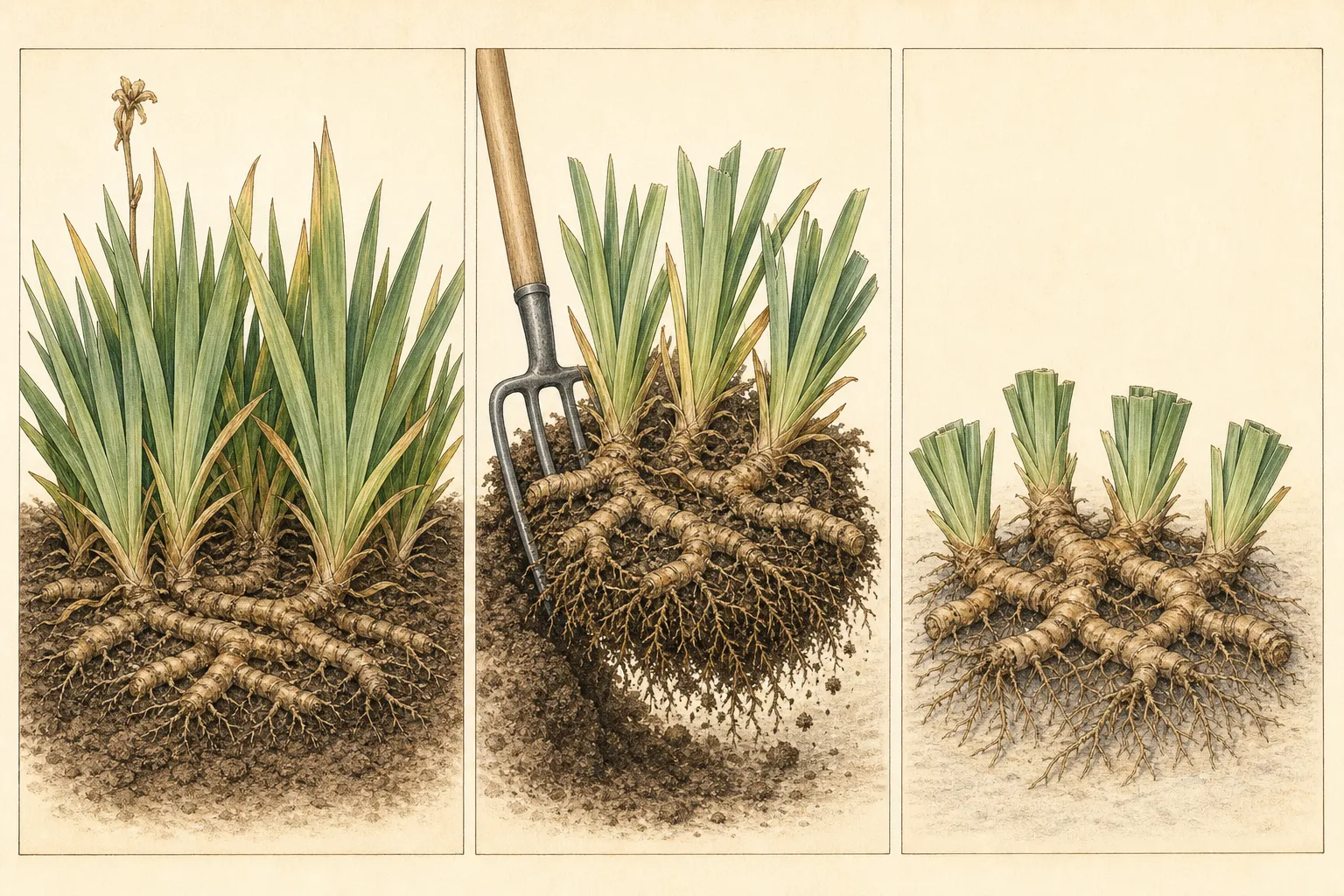 Three views show a crowded bearded iris clump, the shallow rhizome network being lifted with a fork, and the cleaned network with leaves shortened