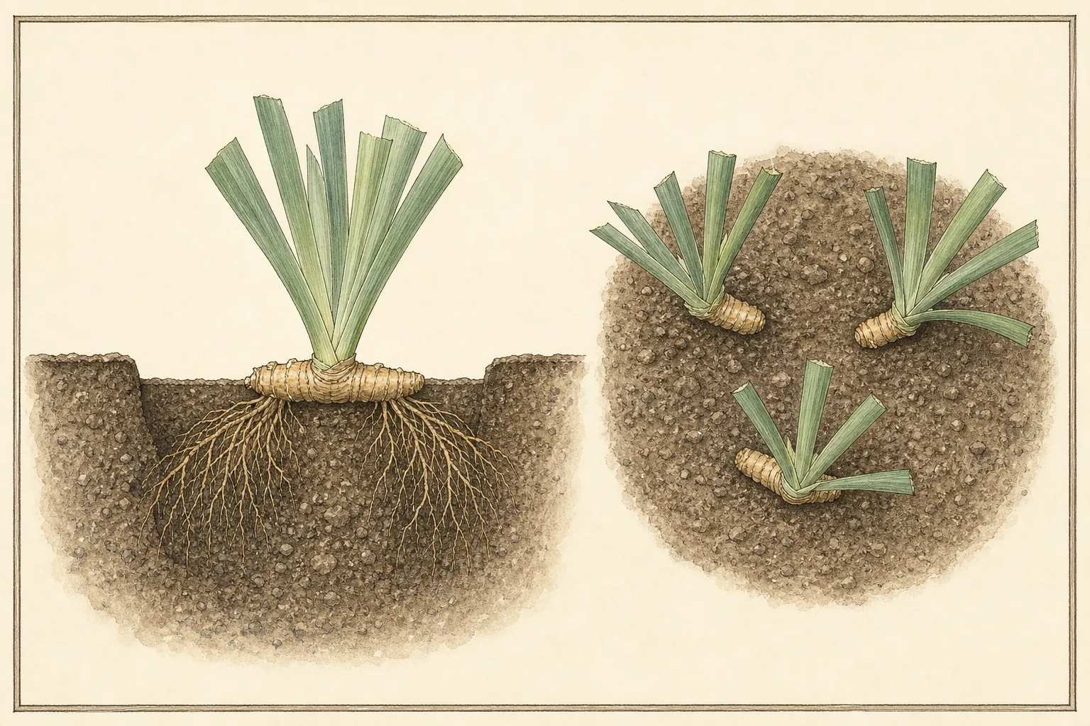 A soil section shows an iris rhizome horizontal at the surface with roots spread below, beside three divisions arranged with their leaf fans pointing outward